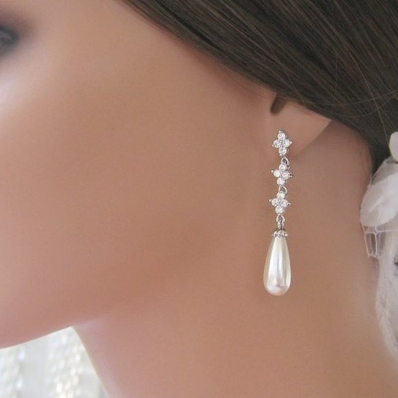 Long Cubic Zirconia Post Stud Earrings With Pearl Drops Nadri Style - Picture 5 of 7